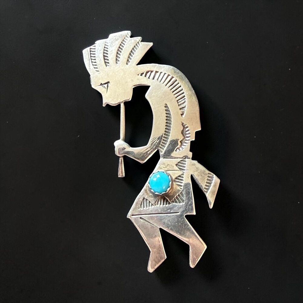 Sterling Silver & Turquoise Kokopelli Brooch | Southwestern Native American Styl